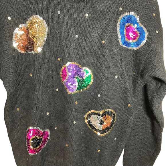 Le Chois Vintage Sweater Pullover Sequin Hearts‎ Petite L Silk Angora Lambs wool - Picture 6 of 11
